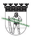 Mustavalkoinen Villimies-vaakuna, jonka päällä Copyright Lappeenrannan kaupunki -teksti
